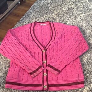 Good American Sorority Pink Cable Knit Collegiate Button Down Sweater
